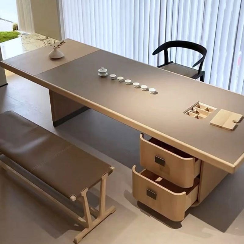 Black walnut new Chinese tea table modern simple cream style solid wood tea table office light luxury slate tea table