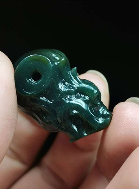 手工制作和田玉青玉龙头三通文玩生肖龙手链配饰男女带证书