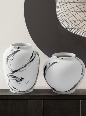 新中式陶瓷水墨花瓶n花器摆件样板房展厅客厅售楼处大堂玄关装饰