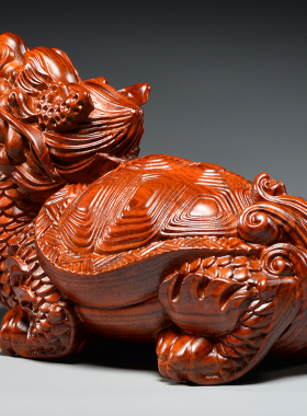 花梨木雕刻龙龟摆件木质龙头龟玄武家居办公室店铺装饰红木工艺品