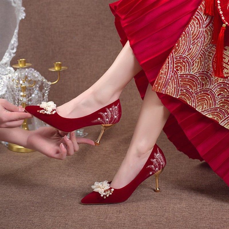 细跟婚鞋孕妇新娘鞋女禾秀主婚纱两穿不累脚浅口酒红色高跟鞋单鞋,淘宝优惠券,粉丝福利购,淘宝优惠卷