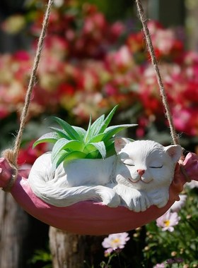 荡秋千小猫咪摆件庭院装饰花园仿真动物可爱阳台布置挂件日式创意