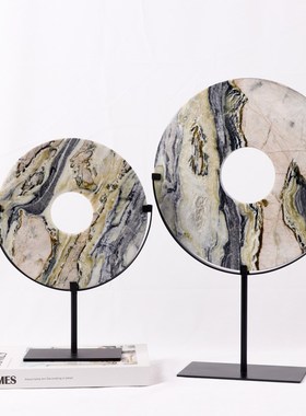 新中式大理石半圆形几何玉璧平安扣摆件样板间酒店客厅玄关装饰品