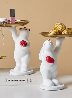 创意熊玄关钥h匙收纳摆件入户家居桌面饰品托盘置物架乔迁新居 清