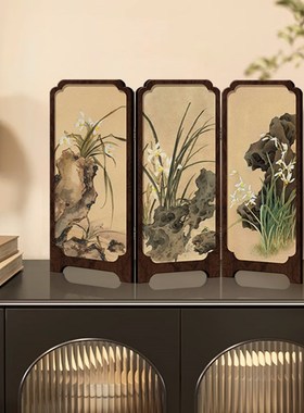 中古风墨竹小屏风桌面摆件新中式办公F室茶桌玄关柜装饰品覆古摆