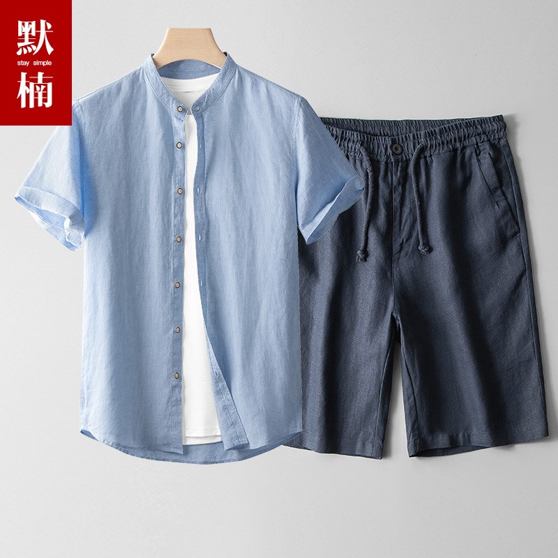 100%亚麻短袖套装男士夏季薄款透气棉麻宽松休闲短裤5分裤两件套 - 图1