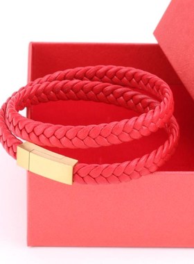 蛇年红色双层缠绕皮绳手链本命年转运红绳男女情侣款编织手绳简约