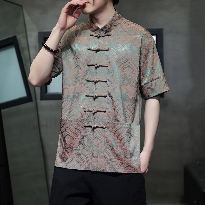 国潮夏季薄款唐装短袖衬衫中式复古透气盘扣唐装男休闲水波纹半袖 - 图2