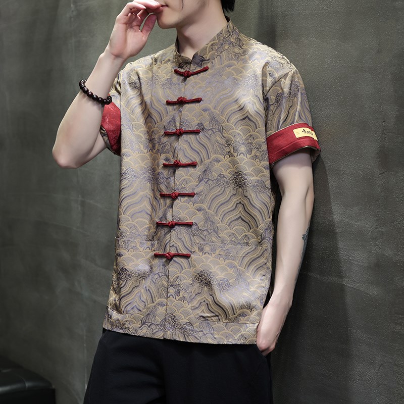 国潮夏季薄款唐装短袖衬衫中式复古透气盘扣唐装男休闲水波纹半袖 - 图1