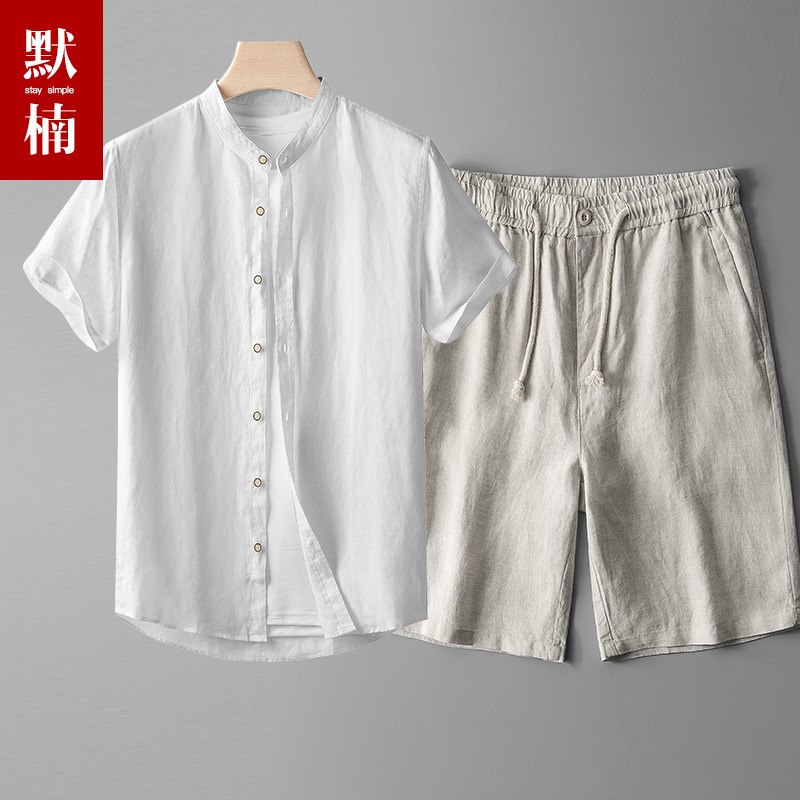 100%亚麻短袖套装男士夏季薄款透气棉麻宽松休闲短裤5分裤两件套 - 图3