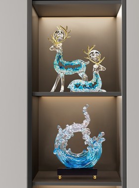 仿水晶玻璃招财鹿摆件一对轻奢高档客厅电视柜酒柜装饰品乔迁礼品