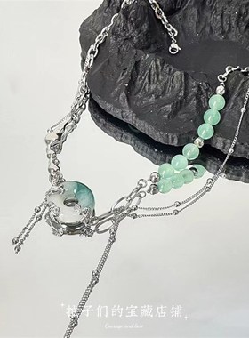 新中式龙雕玉佩流苏链条拼接绿色珠子项链墨绿渐变挂坠潮锁骨链女