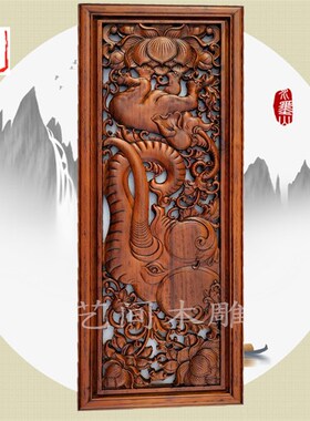 新中式木雕花板镂空门窗隔断屏风柜背景墙格栅木质通花板挂件香樟