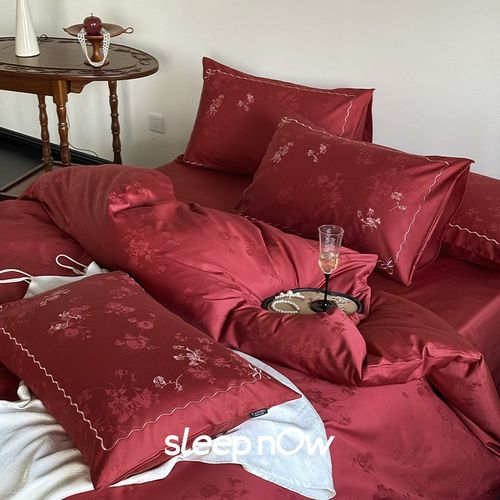 结婚床上用品四件套全棉婚庆大红色床单被套喜被新婚嫁房被罩 - 图1