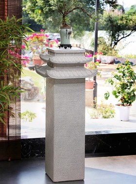 办公室落地新中式仿石头底座石柱墩花架玄K关入户门客厅装饰品摆