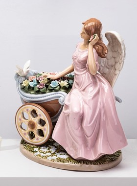 外贸出口西班牙雅致高温陶瓷花车天使女孩鸽子家居摆件装饰品礼物