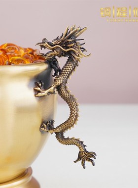 双龙招财进宝铜缸聚宝盆摆件聚财生财客厅纯黄铜招财缸结婚冰箱上