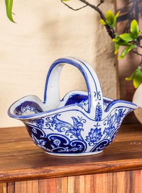 新中式青花陶瓷收纳水果篮餐桌果盘点心盘零食盘装饰品摆件瓷器
