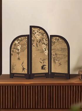 新中式鹊枝屏风桌面摆件中古风装饰画客厅餐厅复古摆画斗柜装饰品