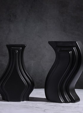 现代简约北欧几何黑白陶瓷花瓶花插摆件家居样板间桌面软装饰品