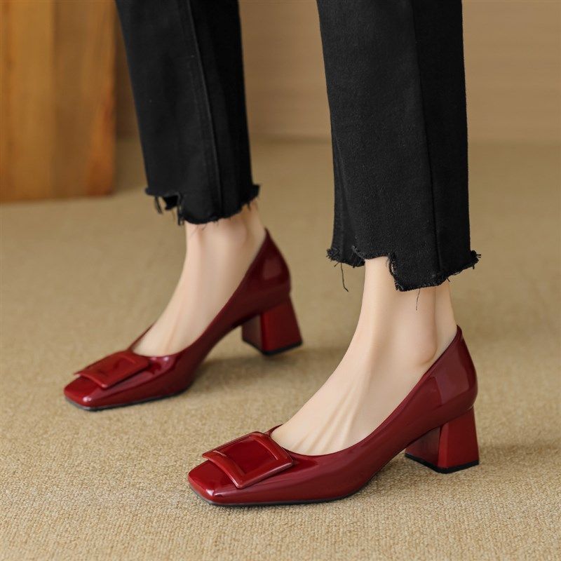 裸粉色高跟鞋女夏季2024新款法式晚风方扣单鞋粗跟大码女鞋41一43,淘宝优惠券,粉丝福利购,淘宝优惠卷