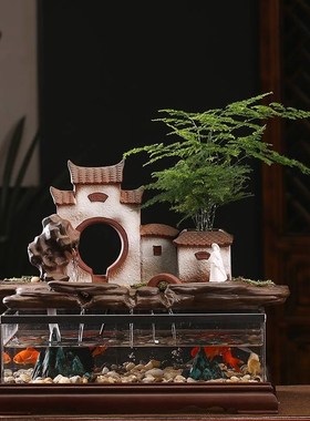 陶瓷假山瀑布流水喷泉鱼缸小摆件加湿客厅办公室桌面水车装饰品