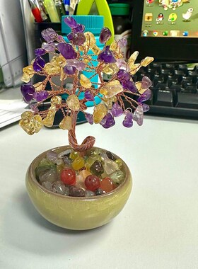 【红薯推荐】办公室聚宝盆茶盏底座水晶发财树摆件桌面水晶生命树