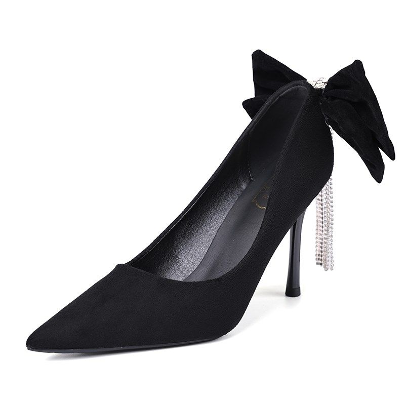 时尚黑色高跟鞋女职业细跟2025春季新款气质尖头浅口水钻中跟单鞋,淘宝优惠券,粉丝福利购,淘宝优惠卷