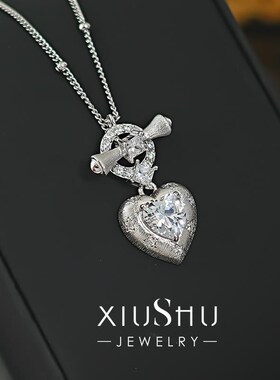 高级感爱心OT链925银吊坠项链金属拉丝轻奢风复古锁骨链百搭小众