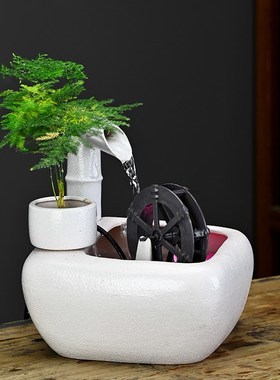 小水车风水轮摆件循环水鱼缸竹子陶瓷流水器玄关办公桌招财装饰品