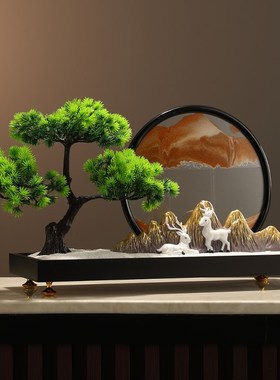 新中式茶桌摆件轻k奢高档创意玄关禅意迎客松流沙画办公室沙漏装