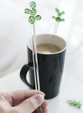 日式调酒棒仙人掌新款多彩玻璃搅拌棒可爱创意长柄果汁咖啡加长勺