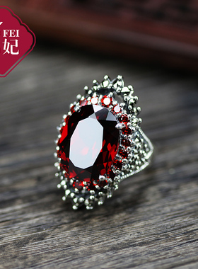 帛妃925银饰品复古泰银大宝石戒指指环女L红石榴首饰夸张食指泰版