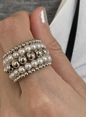 复古多层缠绕金属圆珠球珍珠手工指环戒宽版食指T戒夸张指环潮戒