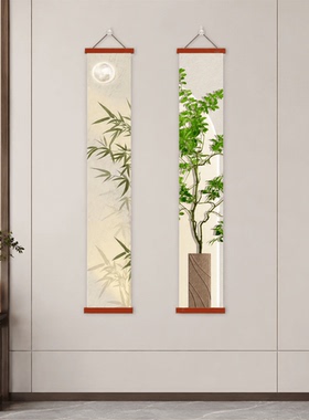 新中式禅意竹枝绿植长条装饰画客厅玄关茶室过道壁画卧室墙面挂画