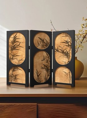 中古风墨竹屏风摆件茶桌家居边柜斗柜桌面装饰品复古装饰摆画