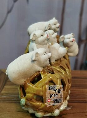 入生 石 猪湾陶瓷公仔 水猪工艺品笼肖