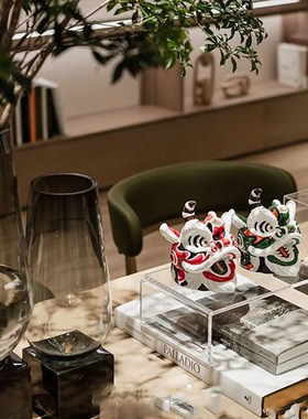 新中式舞狮醒狮子头装饰品摆件样板间书房客厅茶几博古架茶宠摆设