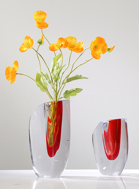 现代轻奢红色琉璃花瓶摆件客厅酒店饭厅玄关可水培插花花器装饰品