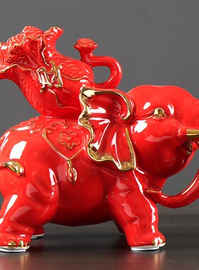 新中式红色陶瓷大象摆件一对招财镇宅工艺品办公室玄关装饰摆件