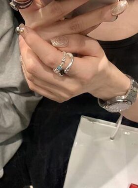 款爆阳新款区区指环串珠小众设计感欧同款2023碎银子戒指潮石天然