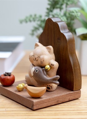 玄关实木招财猫摆件卡通可爱创意桌面装饰品开业乔迁礼品免费刻字