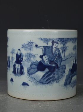 大清康熙年制青花竹林七贤笔筒 包老瓷器 旧货老货 收藏品