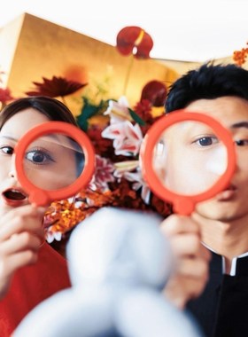 手持式放大镜结婚礼领证新娘拍照道具搞怪哈哈镜面小摆件卡通贴纸