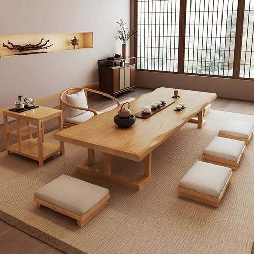 榻榻米实木茶桌椅组合简约茶几炕几日式功夫泡茶台长条桌阳台矮桌 - 图0
