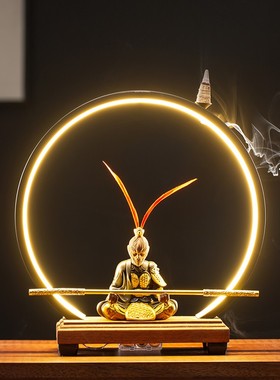 陶瓷齐天大e圣孙悟空灯圈摆件创意家居客厅斗战胜佛倒流香禅意装