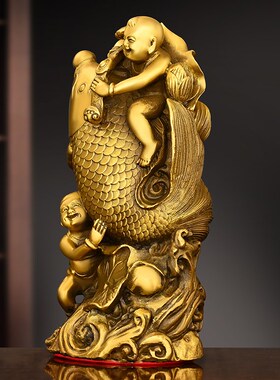 铜童子戏鱼摆g件纯铜五子登科代代有鱼家居办公室桌面装饰连年有