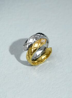 素环戒戒轻奢个性菱纹简约戒指镶钻双圈指环女金属食指拼色冷淡风