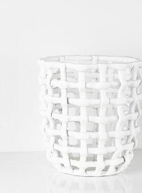 现代创意镂空编织篮摆件样板房客厅黑白色网格花器花瓶桌面装饰品