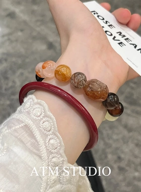 「来财多宝」黑金超七红胶花天然水晶手链女招财黄塔晶手串礼物